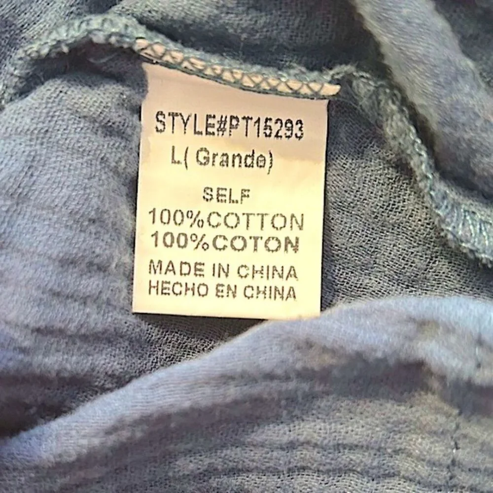 Hudson Gray Steel Blue 100% Cotton Raw Edge Long Bell Sleeve Top Size Large